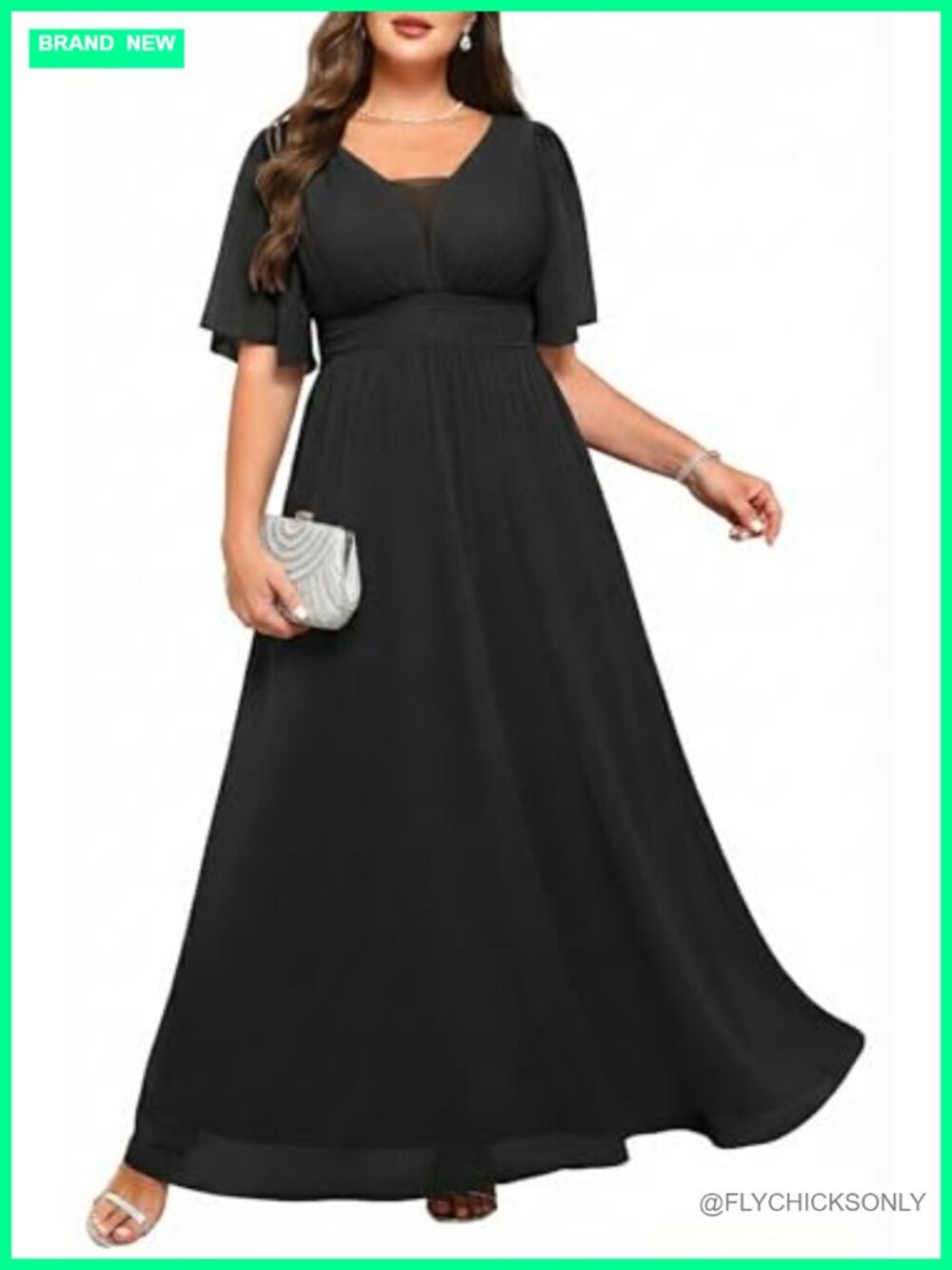 Plus Size Flutter Sleeve V-Neck Chiffon A-Line Maxi Formal Gown
